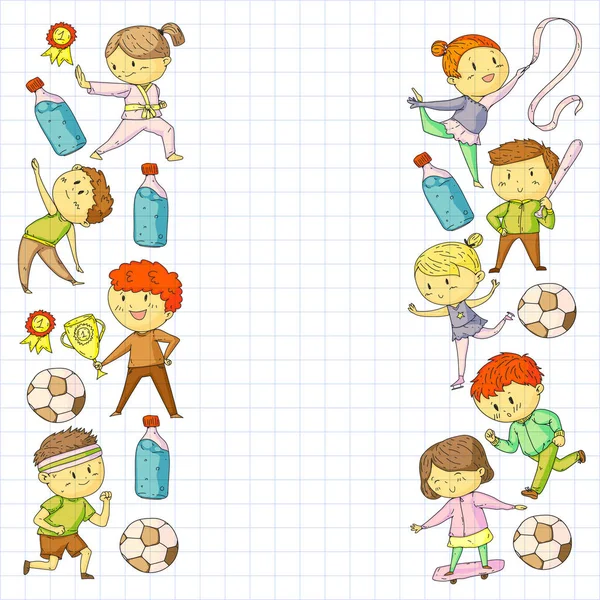 Children and sport. Vector illustration of activities. Football, soccer, running, dancing, martial arts. Health care in school and kindergarten. — Stock Vector