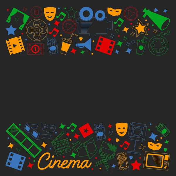 Patrón vectorial con iconos de cine. Cine, Televisión, palomitas de maíz, videoclips, musical — Archivo Imágenes Vectoriales