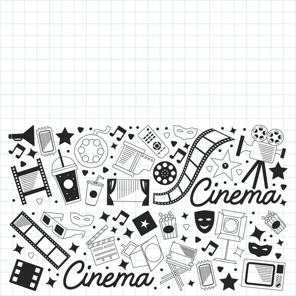 Vektorový vzor s ikonami kina. Kino, televize, popcorn, videoklipy, muzikál — Stockový vektor