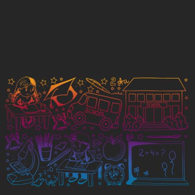 Okula geri dön. Simgeler ve alt larla vektör deseni.