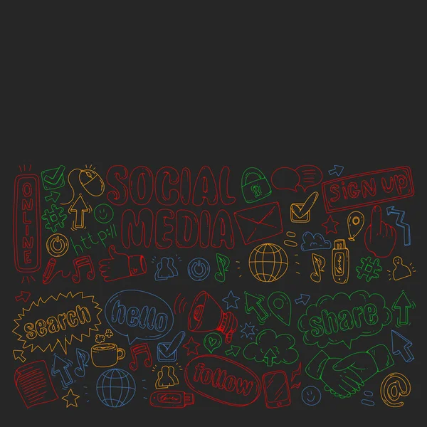 Media społecznościowe, biznes, ikony zarządzania wektorami. Marketing internetowy, komunikacja. — Wektor stockowy