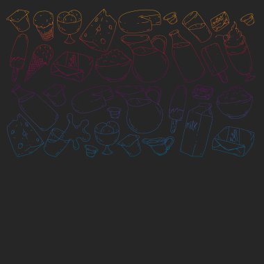 Süt, tereyağı, süzme peynir, ekşi krema, peynir, yoğurt, dondurma, krema simgeleri ile Vektör desen. Süt ürünlerinin toplanması.