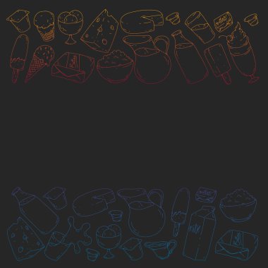 Süt, tereyağı, süzme peynir, ekşi krema, peynir, yoğurt, dondurma, krema simgeleri ile Vektör desen. Süt ürünlerinin toplanması.