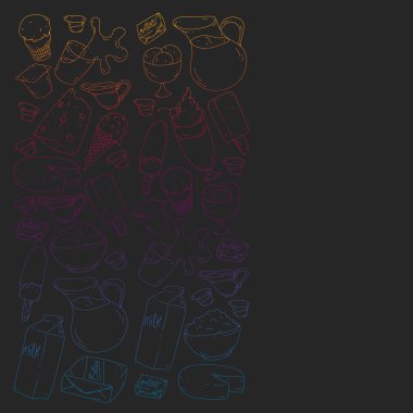 Süt, tereyağı, süzme peynir, ekşi krema, peynir, yoğurt, dondurma, krema simgeleri ile Vektör desen. Süt ürünlerinin toplanması.