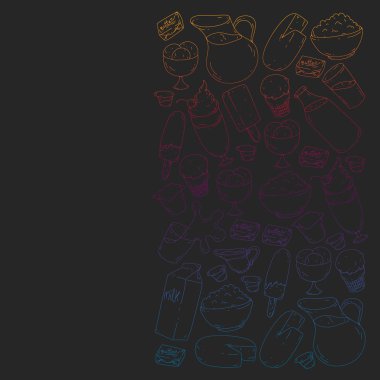 Süt, tereyağı, süzme peynir, ekşi krema, peynir, yoğurt, dondurma, krema simgeleri ile Vektör desen. Süt ürünlerinin toplanması.