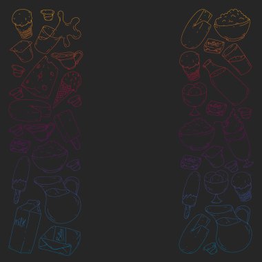 Süt, tereyağı, süzme peynir, ekşi krema, peynir, yoğurt, dondurma, krema simgeleri ile Vektör desen. Süt ürünlerinin toplanması.