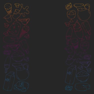 Süt, tereyağı, süzme peynir, ekşi krema, peynir, yoğurt, dondurma, krema simgeleri ile Vektör desen. Süt ürünlerinin toplanması.