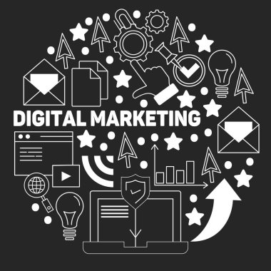 Vektör simgeleri ile dijital pazarlama deseni. Yönetim, start up, iş, internet teknolojisi.