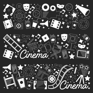 Sinema simgeleri ile vektör deseni. Sinema, Tv, patlamış mısır, video klipler, müzikal