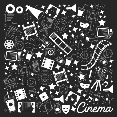 Sinema simgeleri ile vektör deseni. Sinema, Tv, patlamış mısır, video klipler, müzikal
