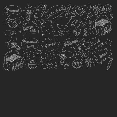 Dil sınıfı için vektör deseni, çevrimiçi kurslar. İngilizce, Arapça, İtalyanca, Japonca, İspanyolca, Çince, Almanca.