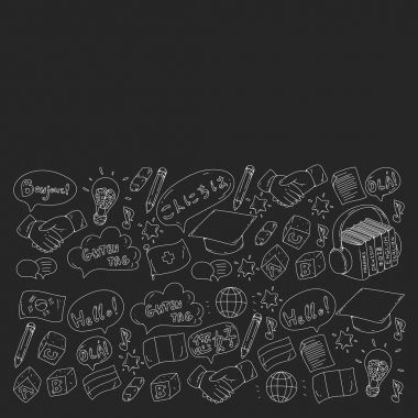 Dil sınıfı için vektör deseni, çevrimiçi kurslar. İngilizce, Arapça, İtalyanca, Japonca, İspanyolca, Çince, Almanca.