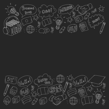 Dil sınıfı için vektör deseni, çevrimiçi kurslar. İngilizce, Arapça, İtalyanca, Japonca, İspanyolca, Çince, Almanca.