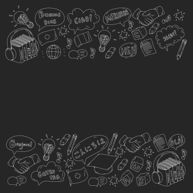 Dil sınıfı için vektör deseni, çevrimiçi kurslar. İngilizce, Arapça, İtalyanca, Japonca, İspanyolca, Çince, Almanca.