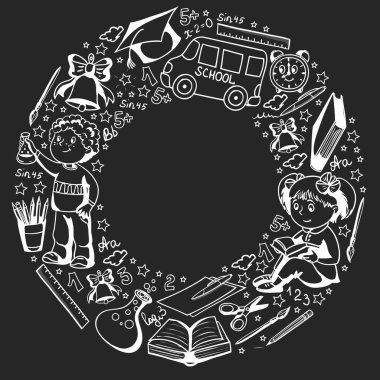 Küçük çocuklar ile vektör deseni. Okula geri dön. Coğrafya, geometri, matematik, fizik, kimya, astronomi