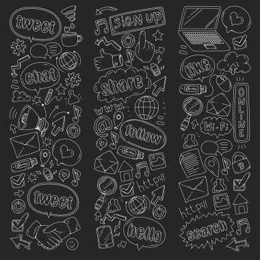 Sosyal medya, iş, yönetim vektör simgeleri. İnternet pazarlama, iletişim.