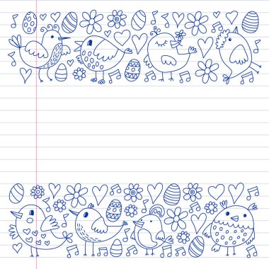 Desen çocuk kumaş, tekstil, kreş duvar kağıdı. Vektör Illustration. Küçük çocuklar için el çizilmiş şarkı kuşlar ve çiçekler.