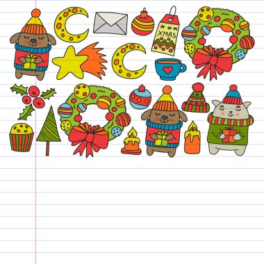 Hediyeler, Sevimli karikatür hayvanlar ile kağıt sarma için kış Noel vektör deseni. Yeni yıl kutlama.