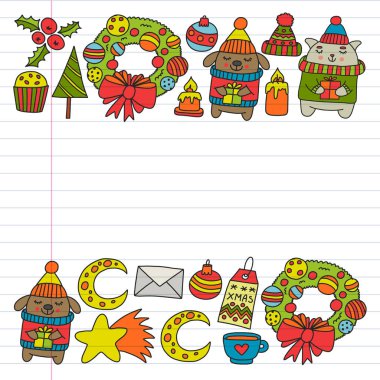 Hediyeler, Sevimli karikatür hayvanlar ile kağıt sarma için kış Noel vektör deseni. Yeni yıl kutlama.