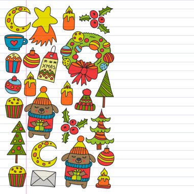 Hediyeler, Sevimli karikatür hayvanlar ile kağıt sarma için kış Noel vektör deseni. Yeni yıl kutlama.