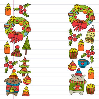 Hediyeler, Sevimli karikatür hayvanlar ile kağıt sarma için kış Noel vektör deseni. Yeni yıl kutlama.