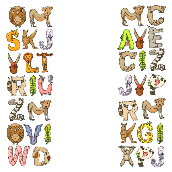 动物字母表。动物园字母表。从A到Z的字母卡通可爱的动物。大象, 狗, 火烈鸟, 长颈鹿, 马, 鳄鱼, 熊, 猫. — 图库矢量图片