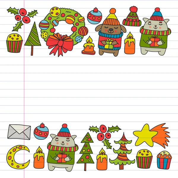 Modèle vectoriel de Noël d'hiver pour le papier d'emballage avec des cadeaux, animaux de dessin animé mignons. Nouvel an célébration . — Image vectorielle
