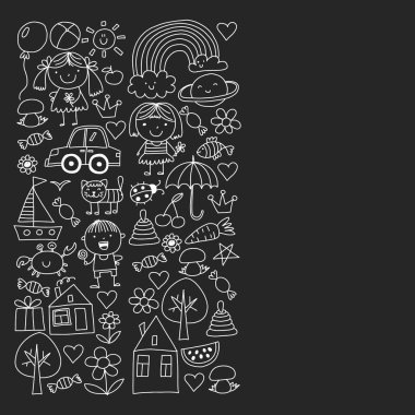 Sevimli küçük çocuklar oynar. Anaokulu, eğitim, spor. Desenler, afişler, posterler için çocuk ve oyuncaklar Simgeleri.