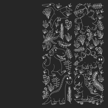 Desen çocuk kumaş, tekstil, kreş duvar kağıdı. Vektör illüstrasyon. El çizilmiş dinozorlar, küçük çocuklar için dino.