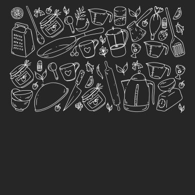 Gıda ve mutfak utencil ile Desen. Yemek sınıfı, restoran için menü, mağazalar için afişler