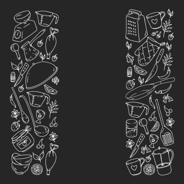 Gıda ve mutfak utencil ile Desen. Yemek sınıfı, restoran için menü, mağazalar için afişler