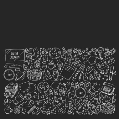 Okula geri dön. Vektör simgeleri ve küçük çocuklar için öğeleri, kolej, online kurslar. Doodle tarzı, çocuk çizim