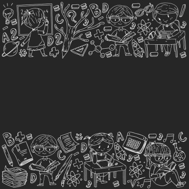 Okula geri dön. Vektör simgeleri ve küçük çocuklar için öğeleri, kolej, online kurslar. Doodle tarzı, çocuk çizim