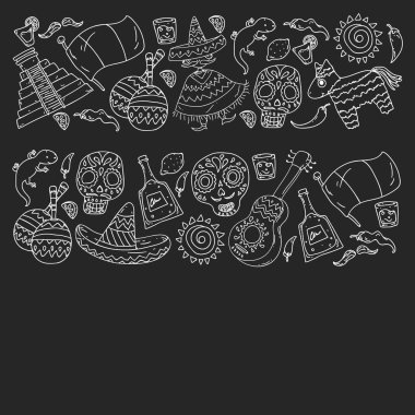 Meksika 'ya seyahat. Vektör duvar kağıtları, arka planlar için etnik elemets ile ayarlayın. Ölü günü