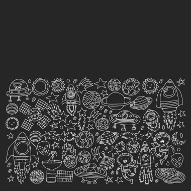 Uzayda küçük çocuklar ile vektör deseni. Dünya, ay, uzay gemileri, yıldızlar, kuyruklu yıldızlar, roketler, uzay mekiği, uzaylılar, ufo.
