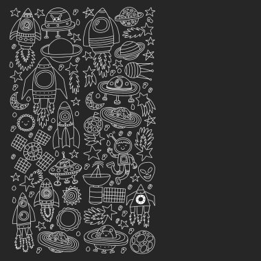 Uzayda küçük çocuklar ile vektör deseni. Dünya, ay, uzay gemileri, yıldızlar, kuyruklu yıldızlar, roketler, uzay mekiği, uzaylılar, ufo.