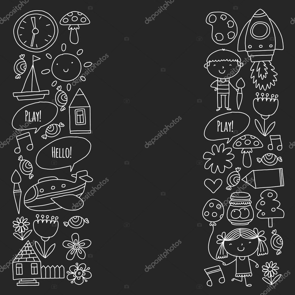 Vector pattern with little children. Kindergarten, play and grow together. Icons of toys and kids in doodle style.