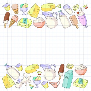Süt, tereyağı, süzme peynir, ekşi krema, peynir, yoğurt, dondurma, krema. Vektör deseni. Süt ürünlerinin toplanması.