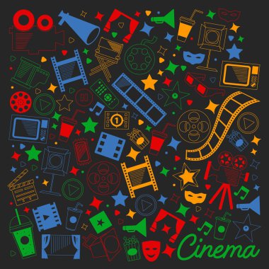 Sinema simgeleri ile vektör deseni. Sinema, Tv, patlamış mısır, video klipler, müzikal