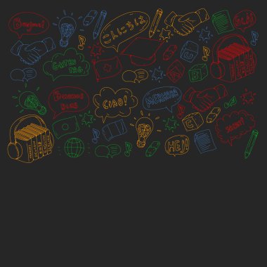 Dil sınıfı için vektör deseni, çevrimiçi kurslar. İngilizce, Arapça, İtalyanca, Japonca, İspanyolca, Çince, Almanca.