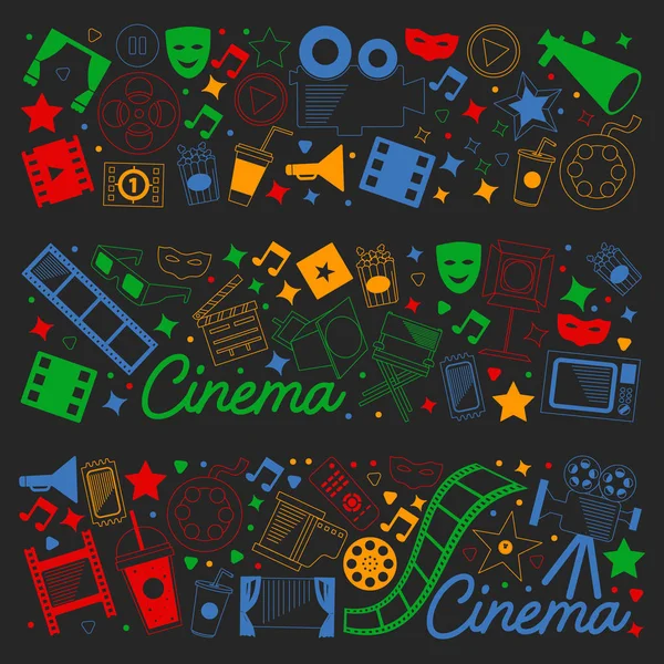 Vektormuster mit Kino-Symbolen. Kino, Fernsehen, Popcorn, Videoclips, Musical — Stockvektor