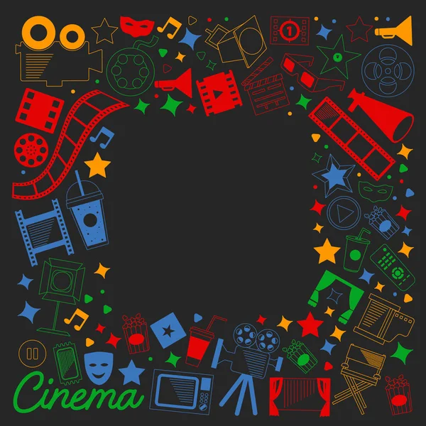 Modelul vectorial cu icoane de cinema. Film Teatru, TV, popcorn, clipuri video, muzical — Vector de stoc