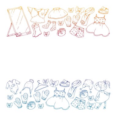 Çocuk kıyafetleri. Bebekler için arka plan, çocuk kalıpları.