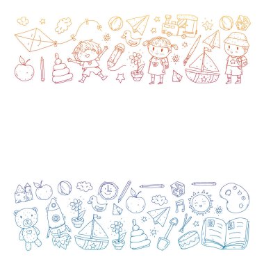 Anaokulu oyuncakları ile. Çocuklar için şablon. Küçük okul öncesi çocuklar eğitim. Oyun çizim, öğrenme,