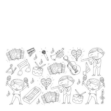 Müzik arka plan desenleri için. Müzik aletleri ile vektör çizim.