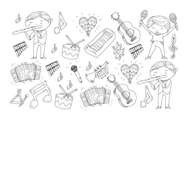 Müzik arka plan desenleri için. Müzik aletleri ile vektör çizim.