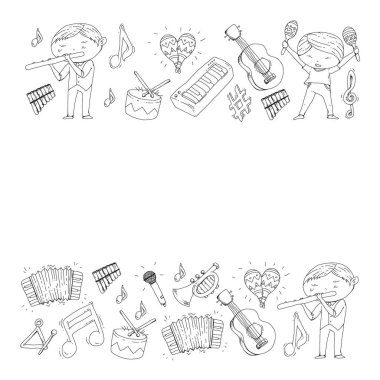 Müzik arka plan desenleri için. Müzik aletleri ile vektör çizim.
