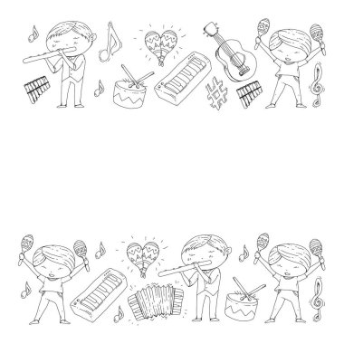 Müzik arka plan desenleri için. Müzik aletleri ile vektör çizim.