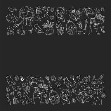 Paskalya ve bahar elemanları ile vektör deseni. Sepette yumurta, tavşan, çiçekler, kuşlar