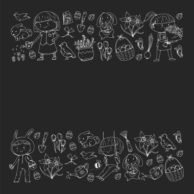 Paskalya ve bahar elemanları ile vektör deseni. Sepette yumurta, tavşan, çiçekler, kuşlar